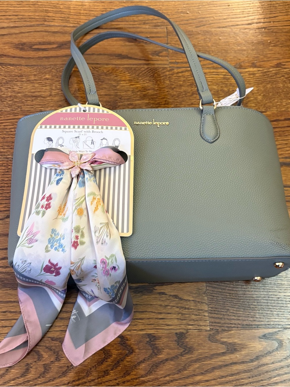 Nanette Lepore Sage Green Pebbled Tote with Floral Scarf